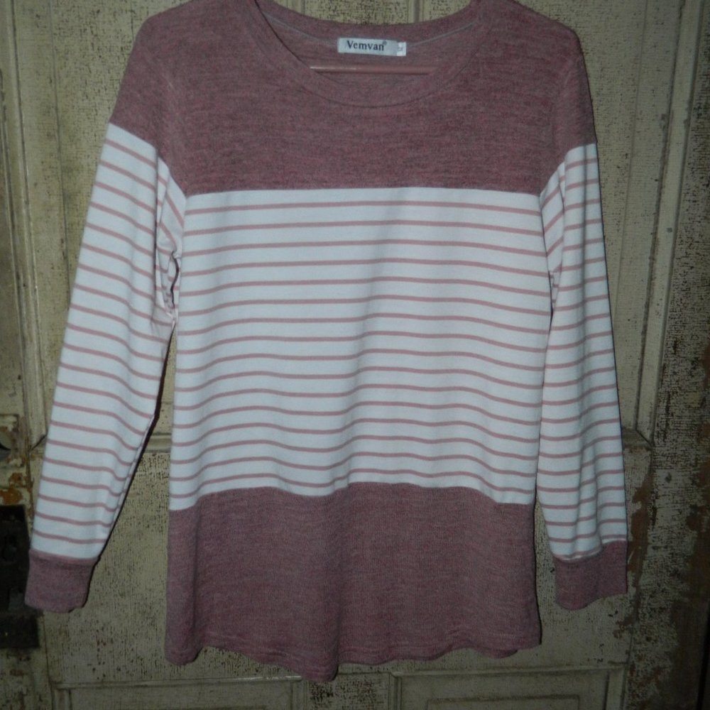 Vemvan | Pink and White Striped Long Sleeve Blouse Size M (DD-14)